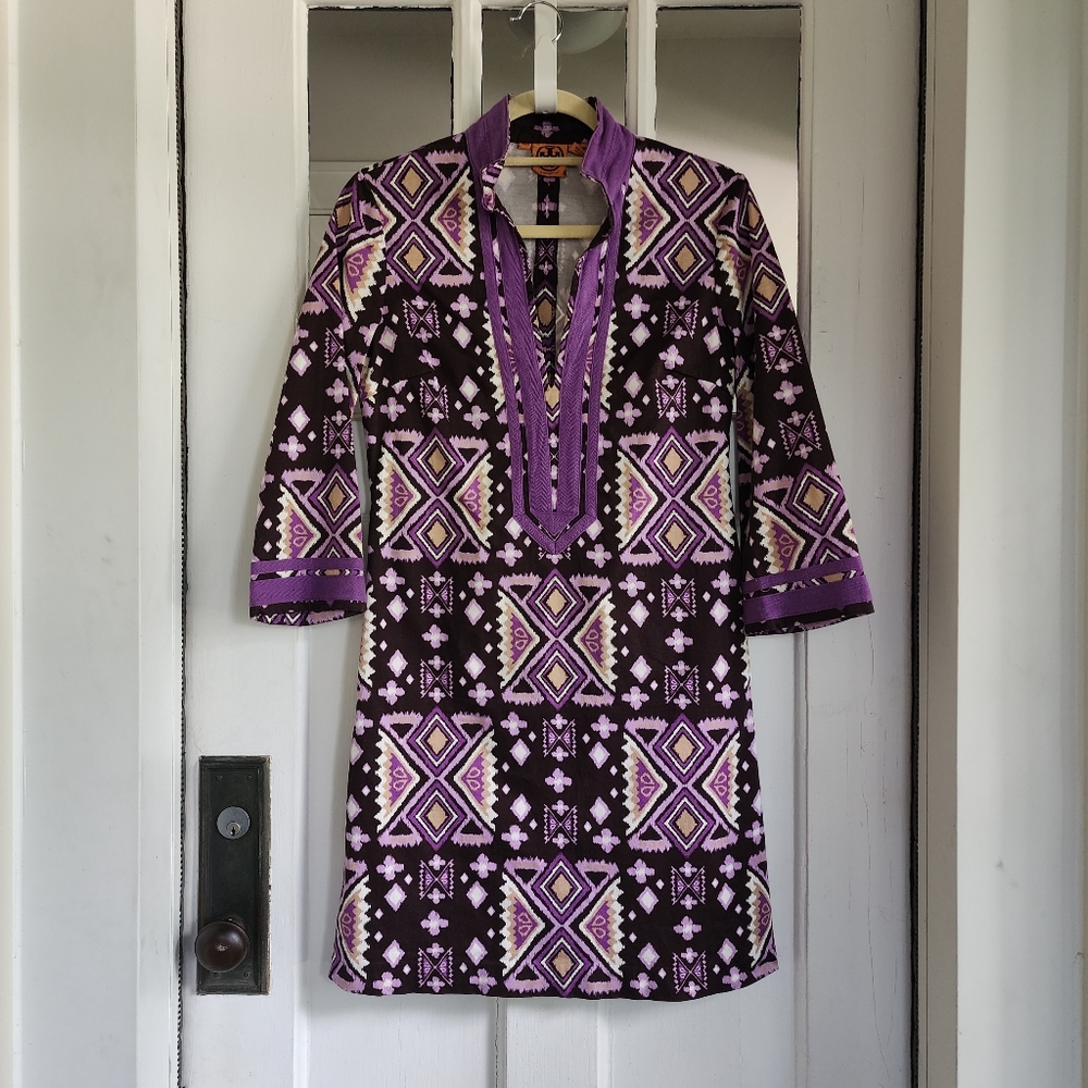 Tory Burch Purple Ikat Stretch Cotton 3/4 Sleeve Geometric Tunic Dress